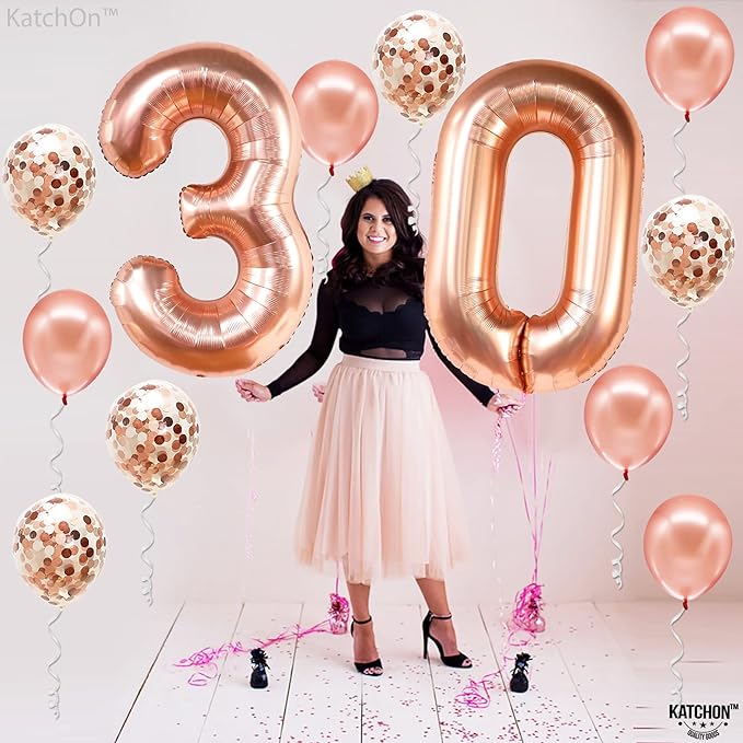 KatchOn, Rose Gold 30 Balloon Numbers - Giant, 40 Inch | Rose Gold 30 Balloons With Confetti Balloons | 30th Birthday Decorations for Women | Number Balloons for 30th Anniversary Decorations