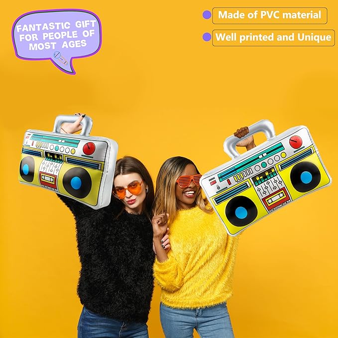 8 Pcs 16.5 Inch Inflatable Boombox Large Blow Up Boom Box Novelty Inflatable Radio Boombox for 80s 90s Radio Hip Hop Party Supplies