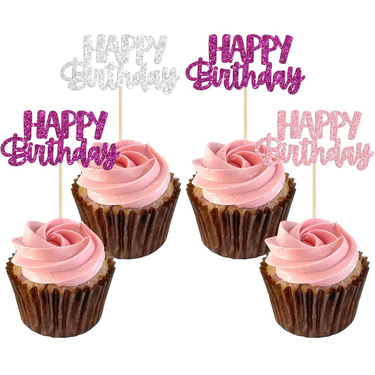 Gyufise 24Pcs Happy Birthday Cupcake Toppers Glitter Birthday Cupcake Food Picks for Celebrating Happy Hallowenn Theme Party Cake Decorations Supplies Purple White Silver