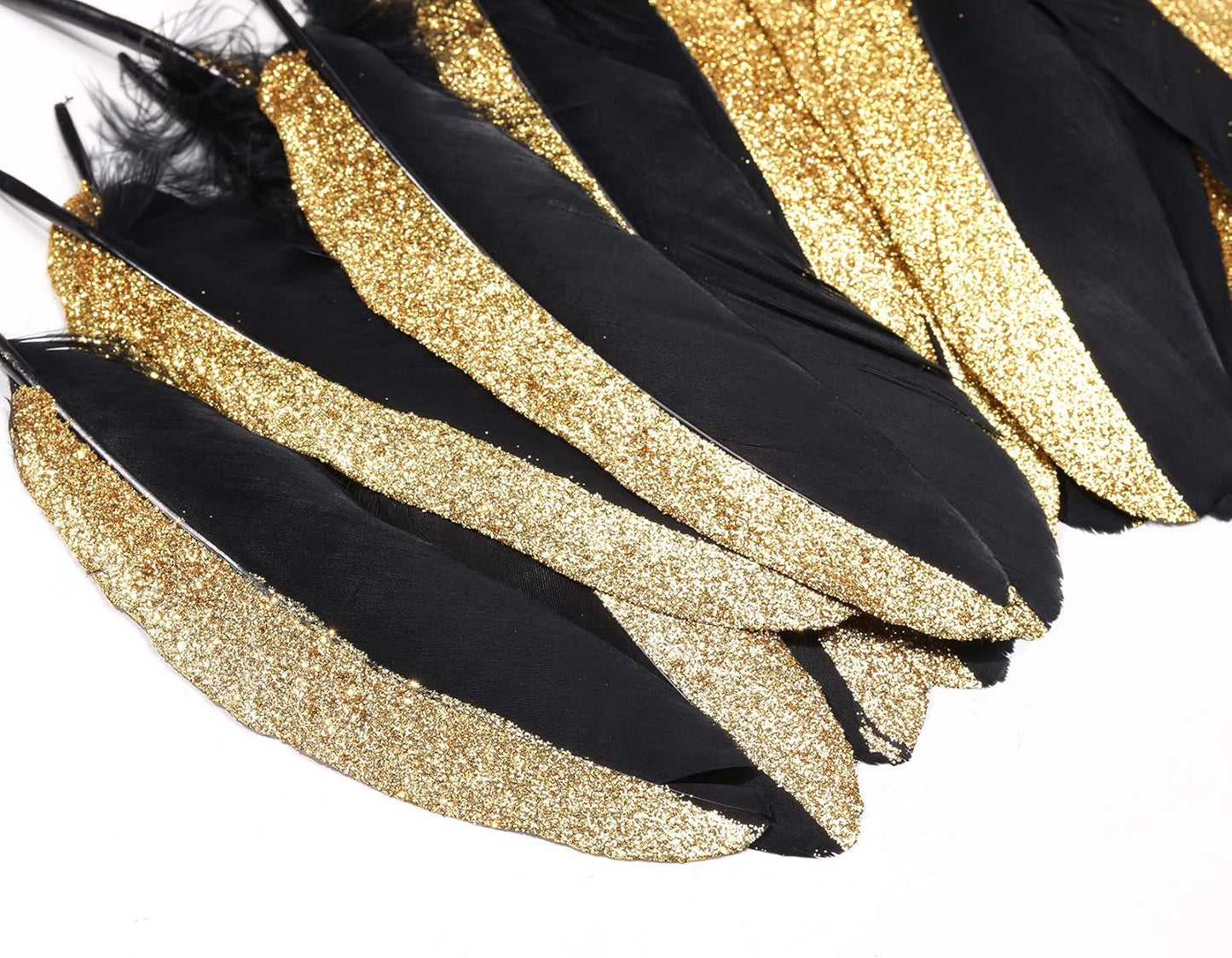 BABEYOND 42 Pcs 1920s Gatsby Gold Dipped Feather Natural Décor Glitter Feather for 20s Party Decoration Wedding Decoration (Black & Gold)