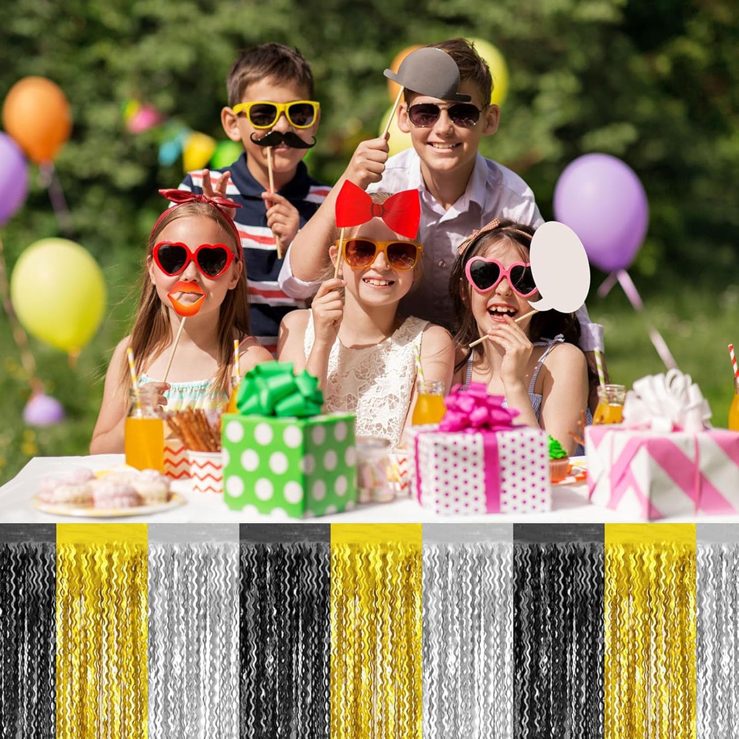 6 Pack 29 x108 Inch Black Gold Silver Wave Foil Fringe Table Skirts Metallic Banner for Tinsel Streamer Garland Backdrop for Parade Floats, Mother's Day, Easter, Wedding, Birthday Party Decoration