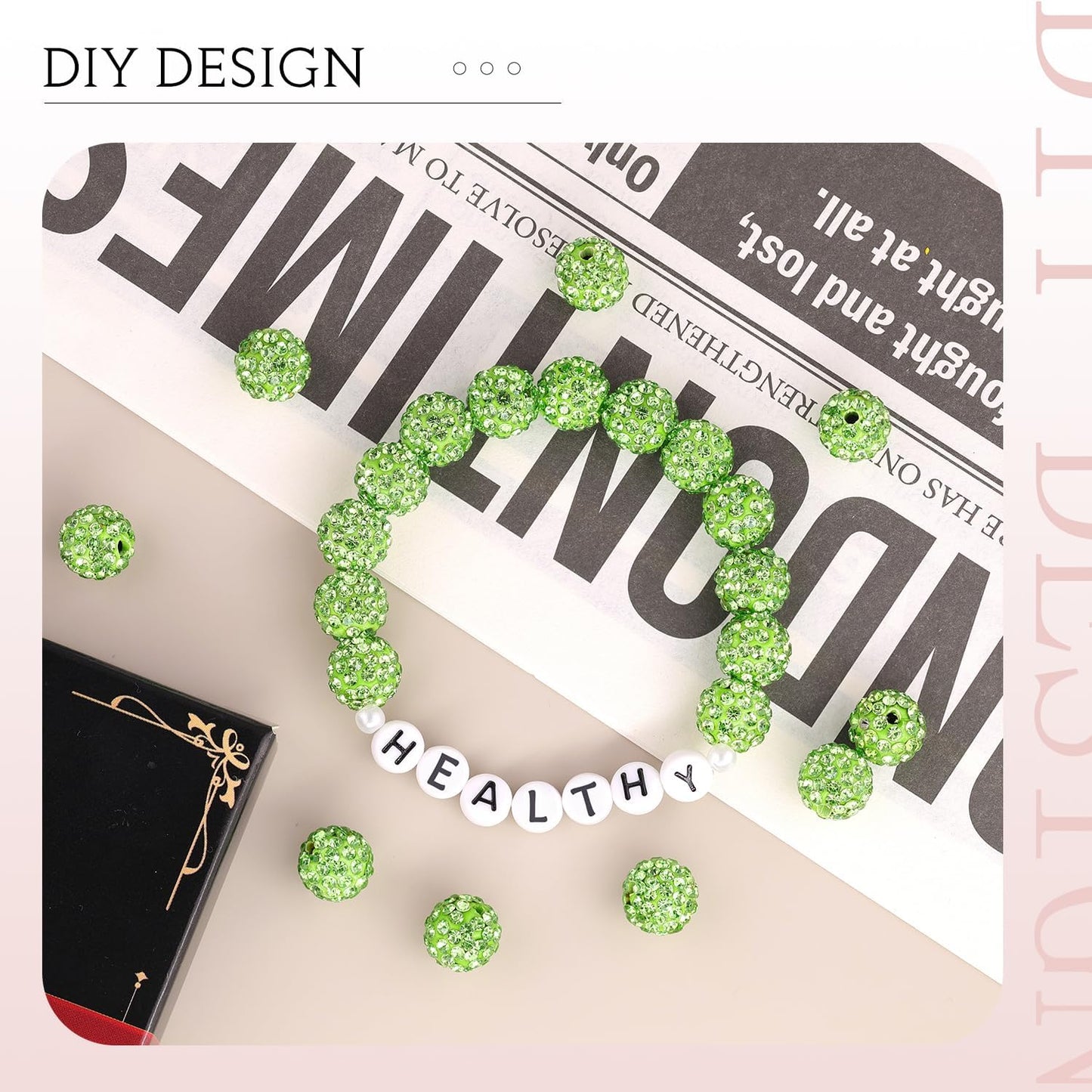 200pcs 10mm Light Green Rhinestone Beads for Jewelry Making, Shiny Round Shamballa Disco Ball Beads, Sparkle Crystal Clay Christmas for Bracelet Baseball Necklace Earring Crafting and DIY