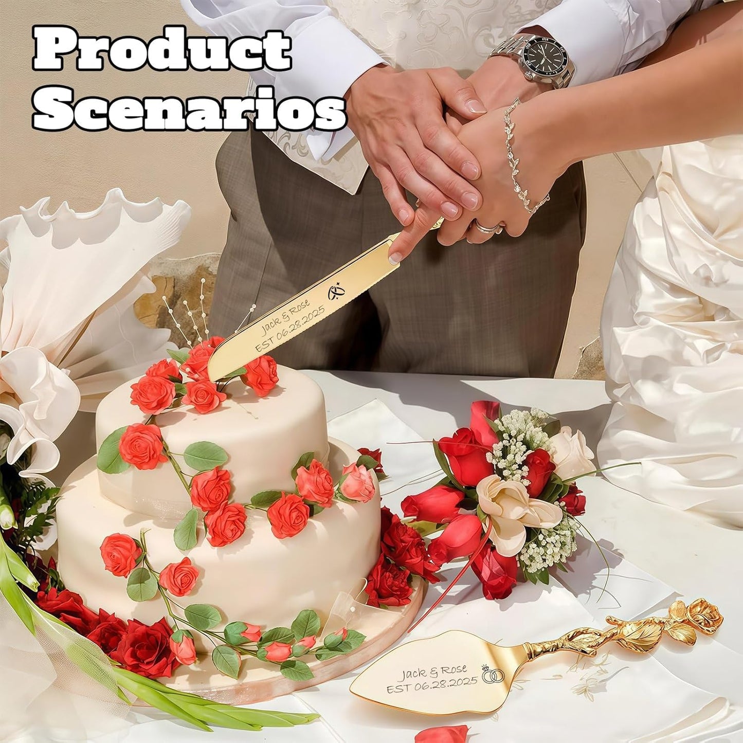 Personalized Wedding Cake Knife and Server Set, Custom Name/Date Cake Cutting Set for Wedding, Customized Cake Cutter for Bridal Anniversary Birthday Couple Gifts (Rose-Gold)