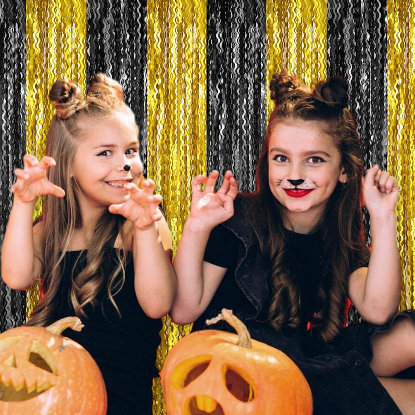 4 Pack Black Gold Wave Foil Fringe Curtain Backdrop, 3.28Ft x 8.2Ft Metallic Tinsel Foil Fringe Streamer Curtains for Photo Booth, Mother's Day, Easter, Birthday, Wedding Party Decoration