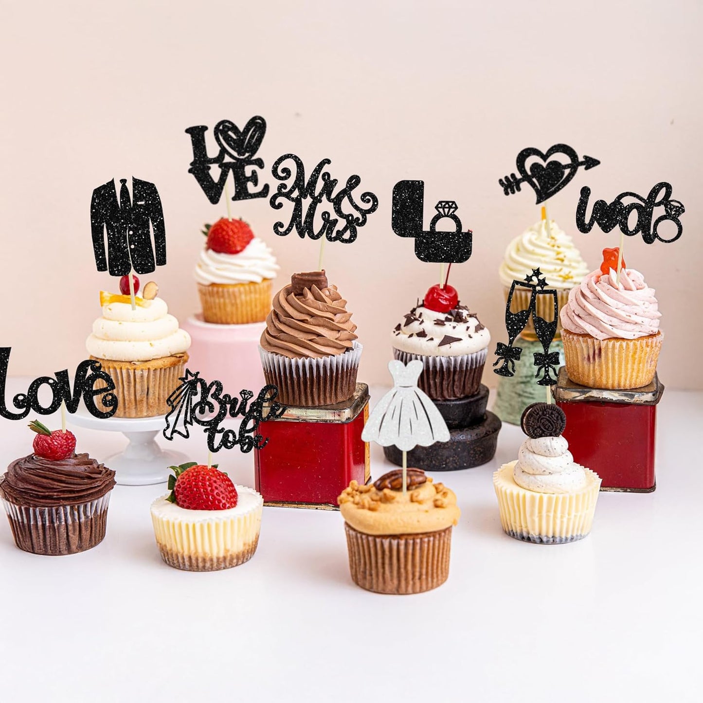 Ephlyn 30Pcs Bride to be Cupcake Toppers Glitter Wedding Cake Topper Decorations I Do Love Heart Ring Cupcake Picks for Bridal Shower Wedding Engagement Party Supplies Black