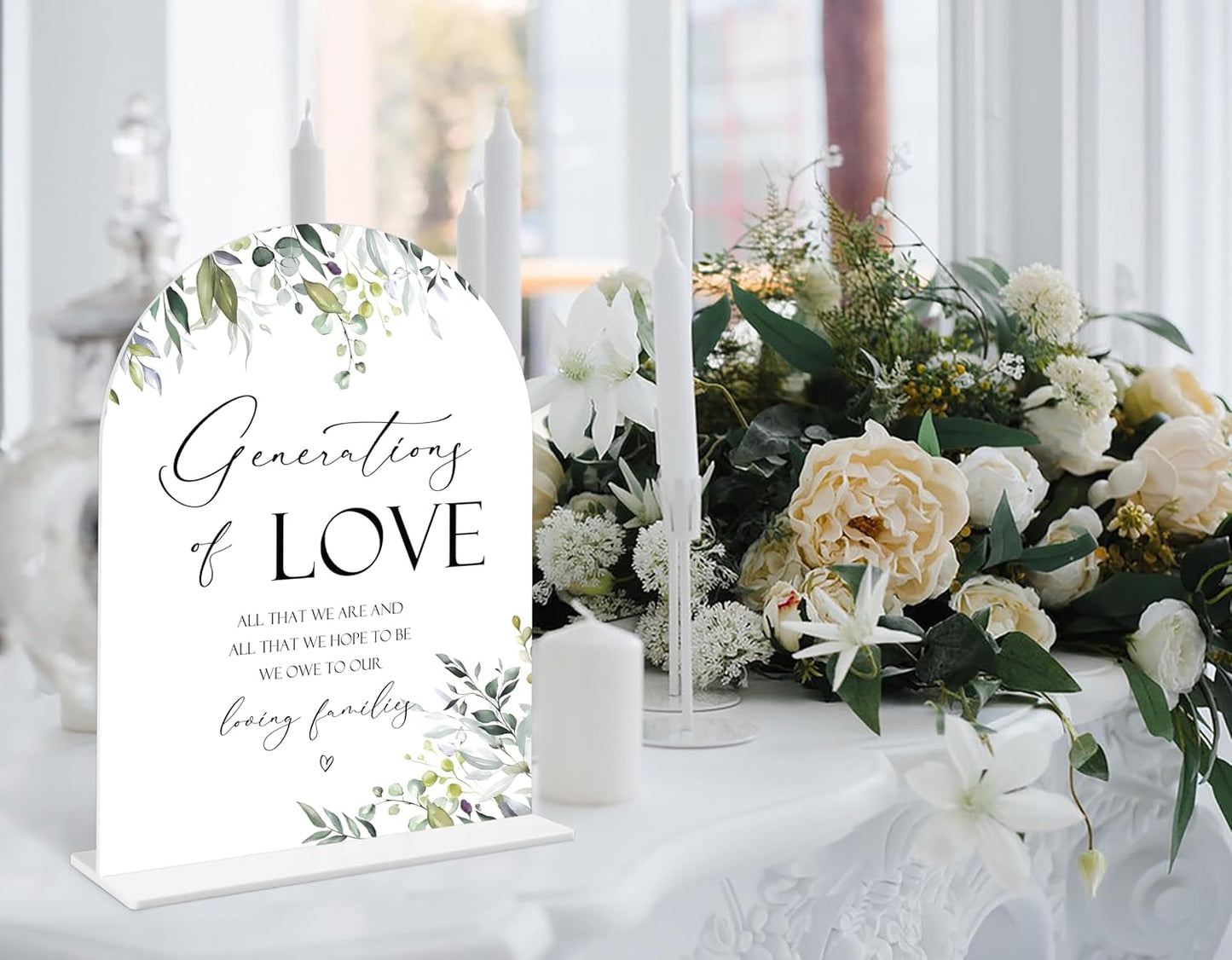 Greenery Generations Of Love Sign, 6 x 8 Inch White Arch Acrylic Wedding Sign with Holder, Wedding Sign for Ceremony and Reception, Wedding Decoration, Wedding Supplies - LY16