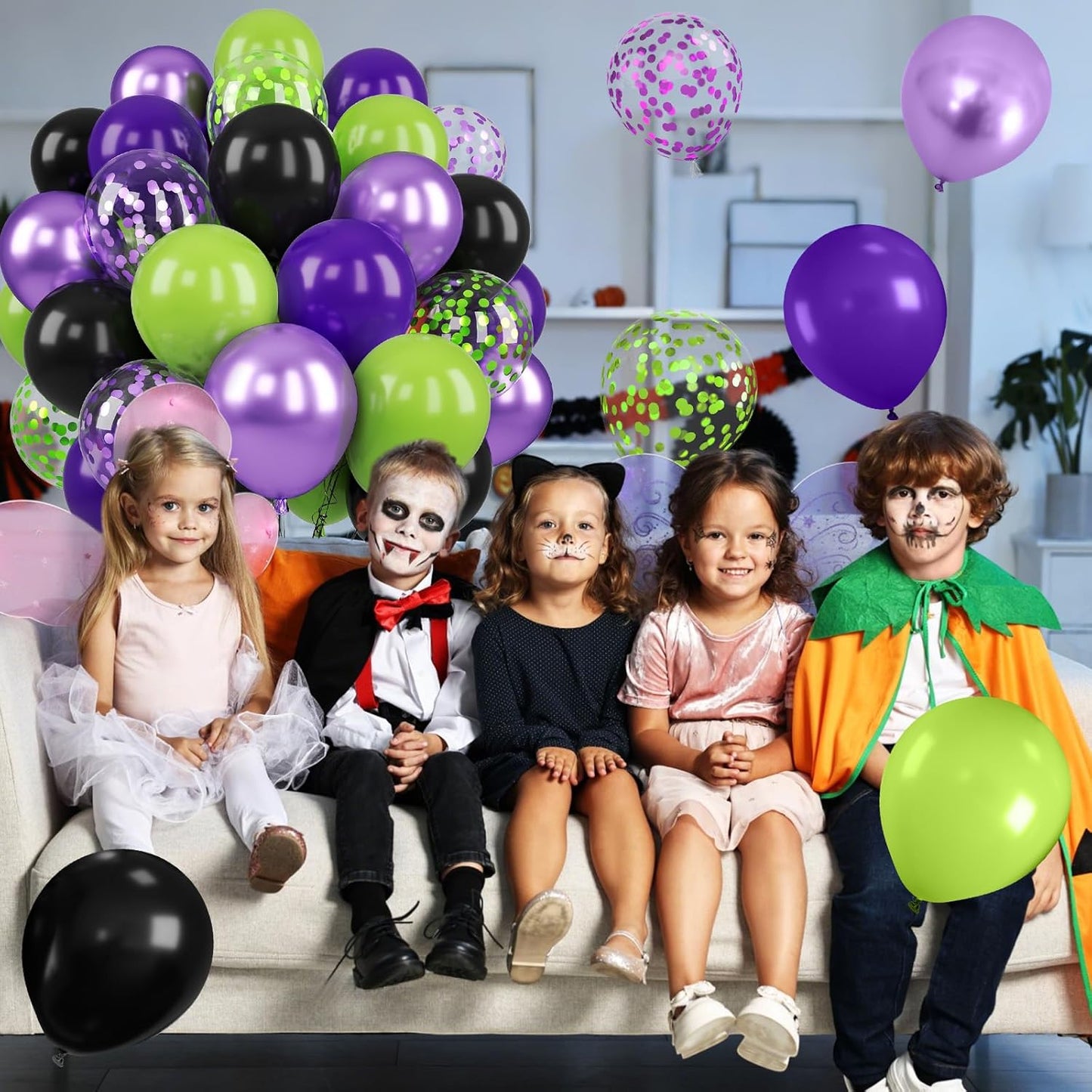 Purple Green Balloons, 12 Inch Halloween Balloons Set, Matte Black Fruit Green and Metallic Purple Confetti Balloon Latex Helium Balloon for Birthday Horror Halloween Party Decorations Indoor Outdoor