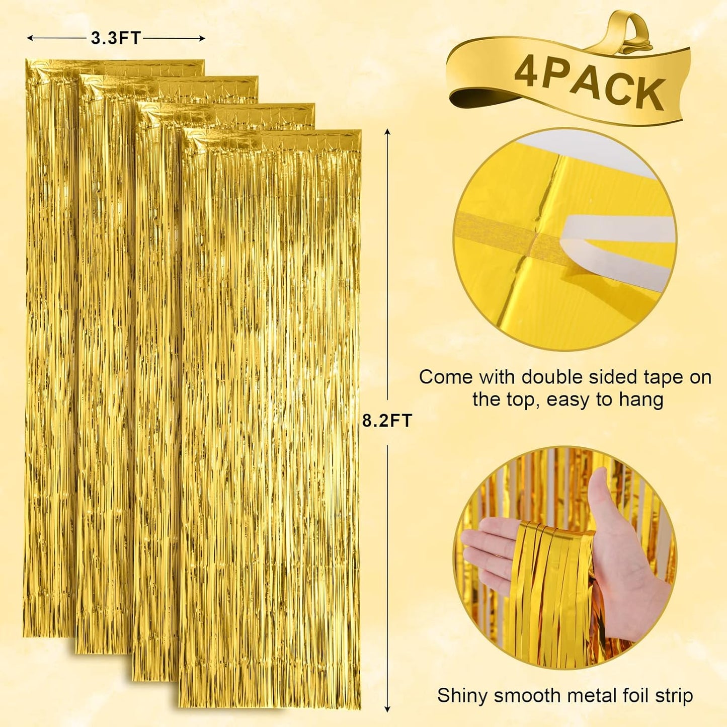 4 Pack Gold Foil Fringe Backdrop Curtains, Tinsel Streamers Birthday Party Decorations, Fringe Backdrop for Graduation, Baby Shower, Gender Reveal, Disco Party