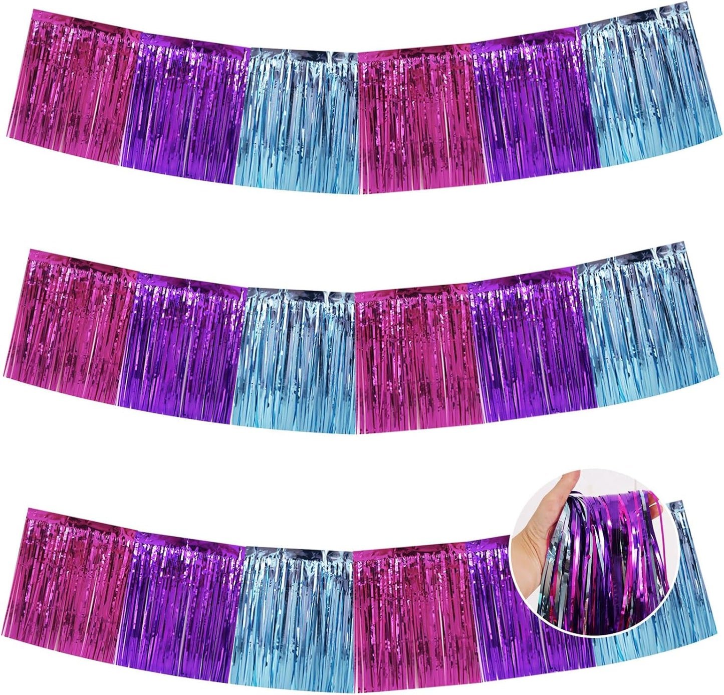 BEISHIDA 3 Packs Metallic Foil Fringe Garland Blue Purple Pink Wall Hanging Tinsel Fringe Banners for Car Floats Bridal Shower Wedding Birthday Easter Graduation Holiday Party Decoration(30 Feet)