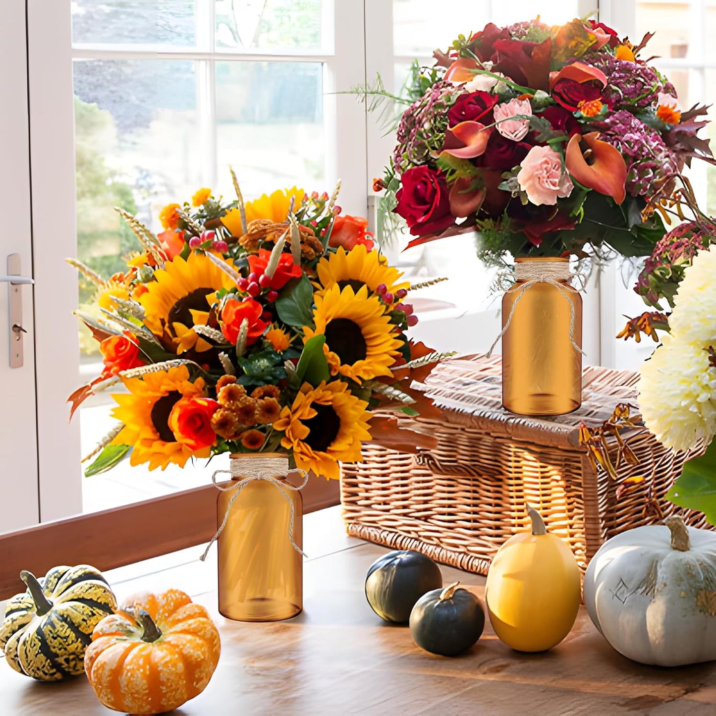 Vintage Glass Flower Vase，6 Pack Farmhouse Amber Gold Glass Centerpiece Vases Mason Jars for Christmas Weddings, Parties & Home Decor Bulk (6, Amber)