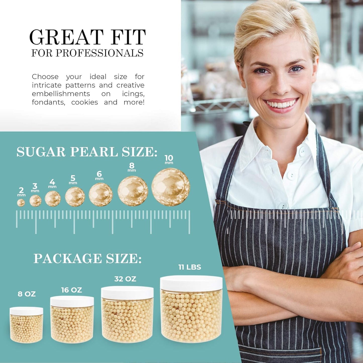 O'Creme Ivory Edible Sugar Pearls Cake Decorating Supplies for Bakers: Cookie, Cupcake & Icing Toppings, Beads Sprinkles For Baking, Certified, Candy Sugar Ball Accents (4mm, 8 Oz)