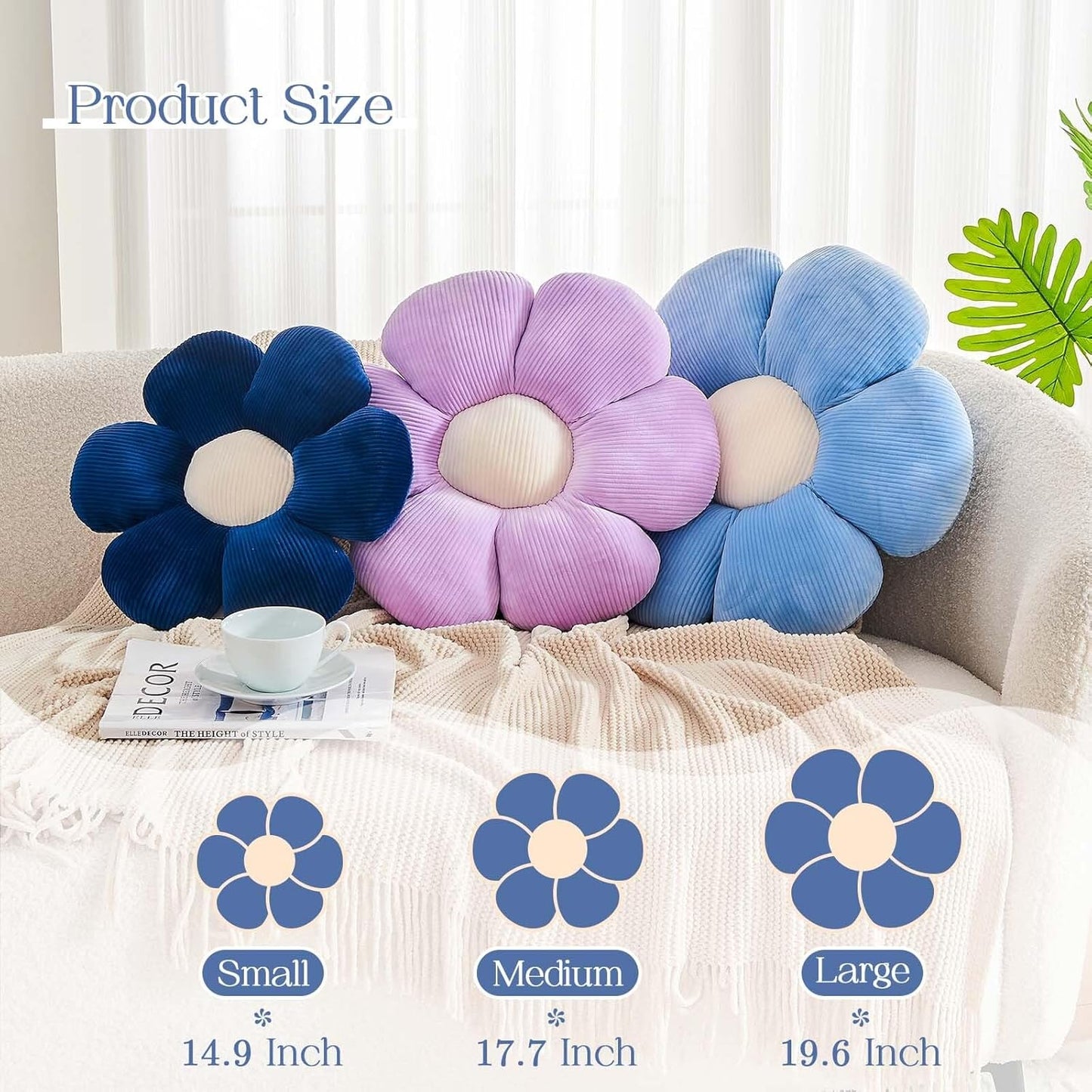 Dusty Blue Flower Pillow, 14.9" Cute Flower Shaped Floor Pillow, Aesthetic Floral Plush Daisy Decorative Throw Pillows for Bed Sofa Couch