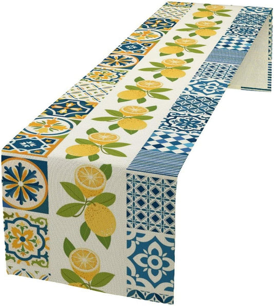 Lemon Table Runner,Watercolor Blue Fruits Green Leaves Print Table Cloth Kitchen Dining Table Home Party Decoration 13x36 Inch