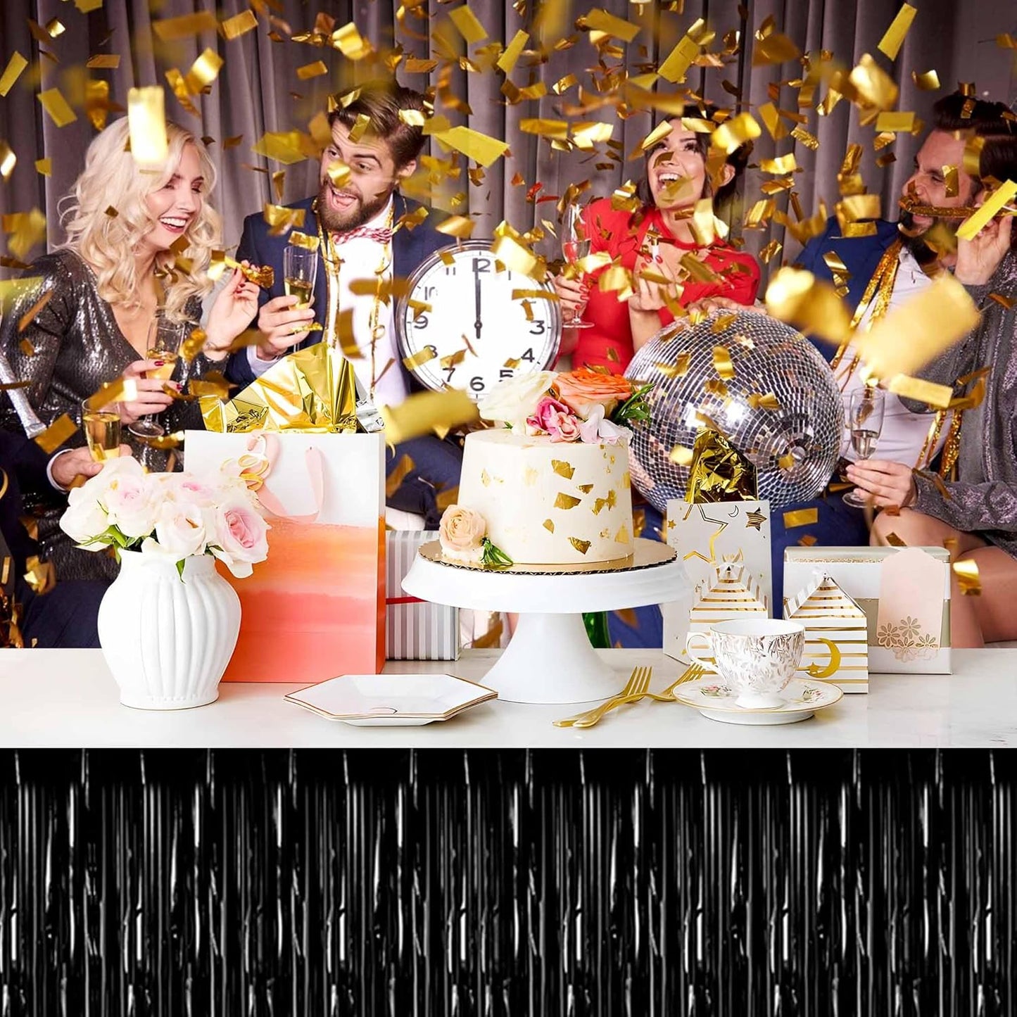 3 Pack 29 x108 Inch Black Foil Fringe Table Skirts Metallic Banner for Tinsel Streamer Garland Backdrop for Parade Floats Mother's Day, Graduate, Birthday, Wedding Party Decoration