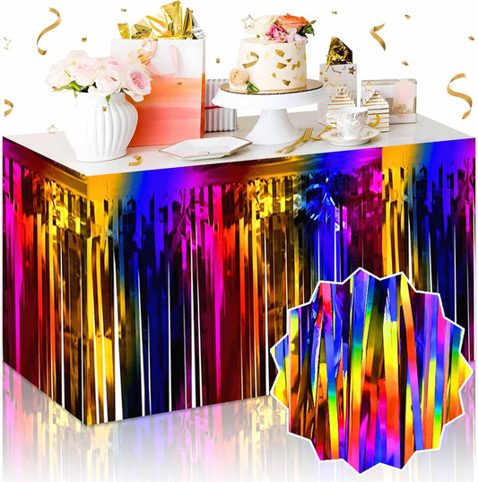 3 Pack 29 x108 Inch Rainbow Foil Fringe Table Skirts Metallic Banner for Tinsel Streamer Garland Backdrop for Parade Floats Mother's Day, Graduate, Birthday, Wedding Party Decoration