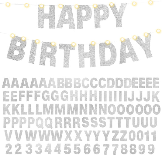 TaoBary 112 Pcs DIY Letter Custom Banner Glitter Customizable Banner Kit Including 107 Letters and Numbers 3 Rope for Valentine Birthday Party(Silver)