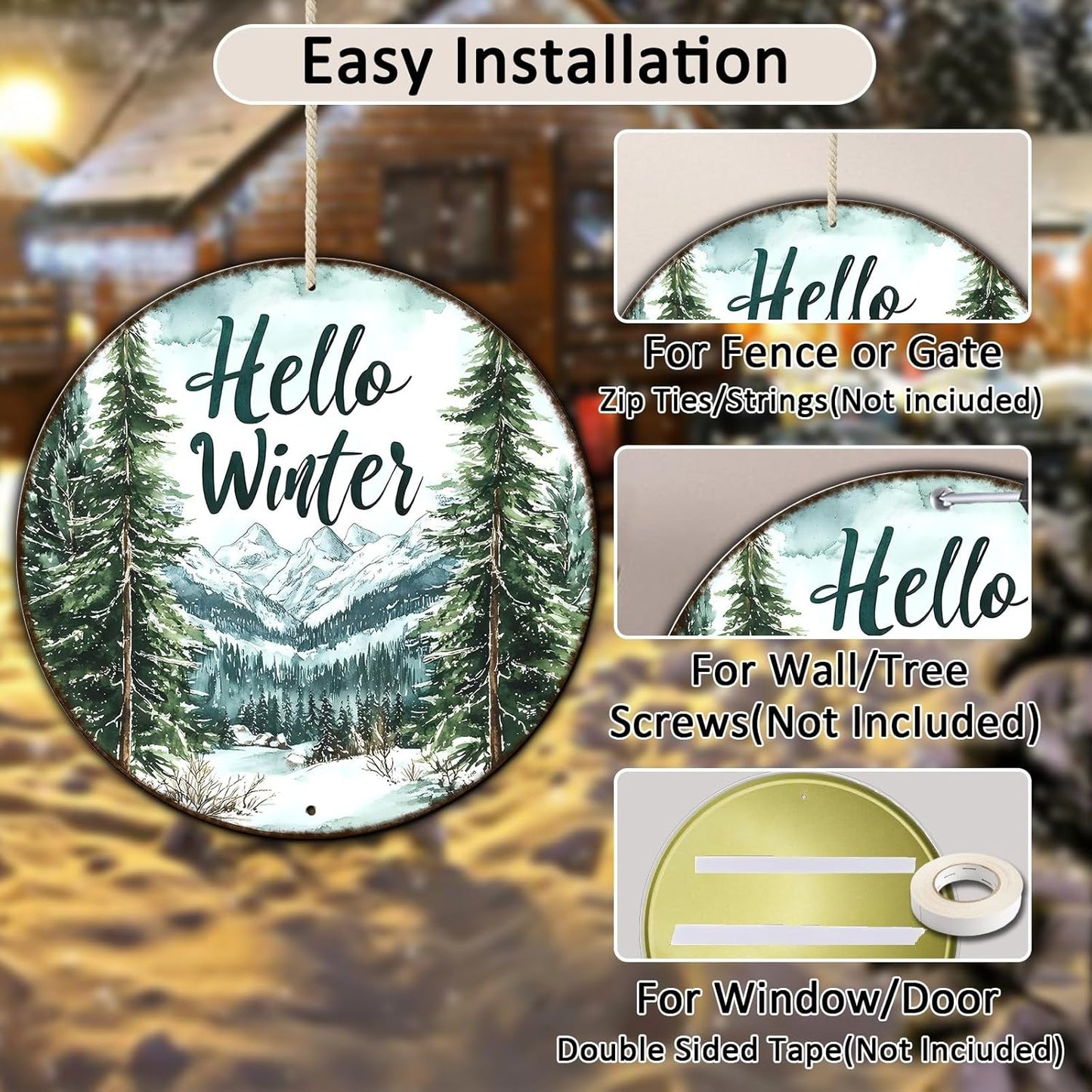 Round Christmas Metal Tin Sign Hello Winter Sign Christmas Pine Trees Welcome Door Sign Xmas Winter Holiday Farmhouse Rustic Wreath Sign for Indoor Outdoor Home Wall Window Decor 12*12 in