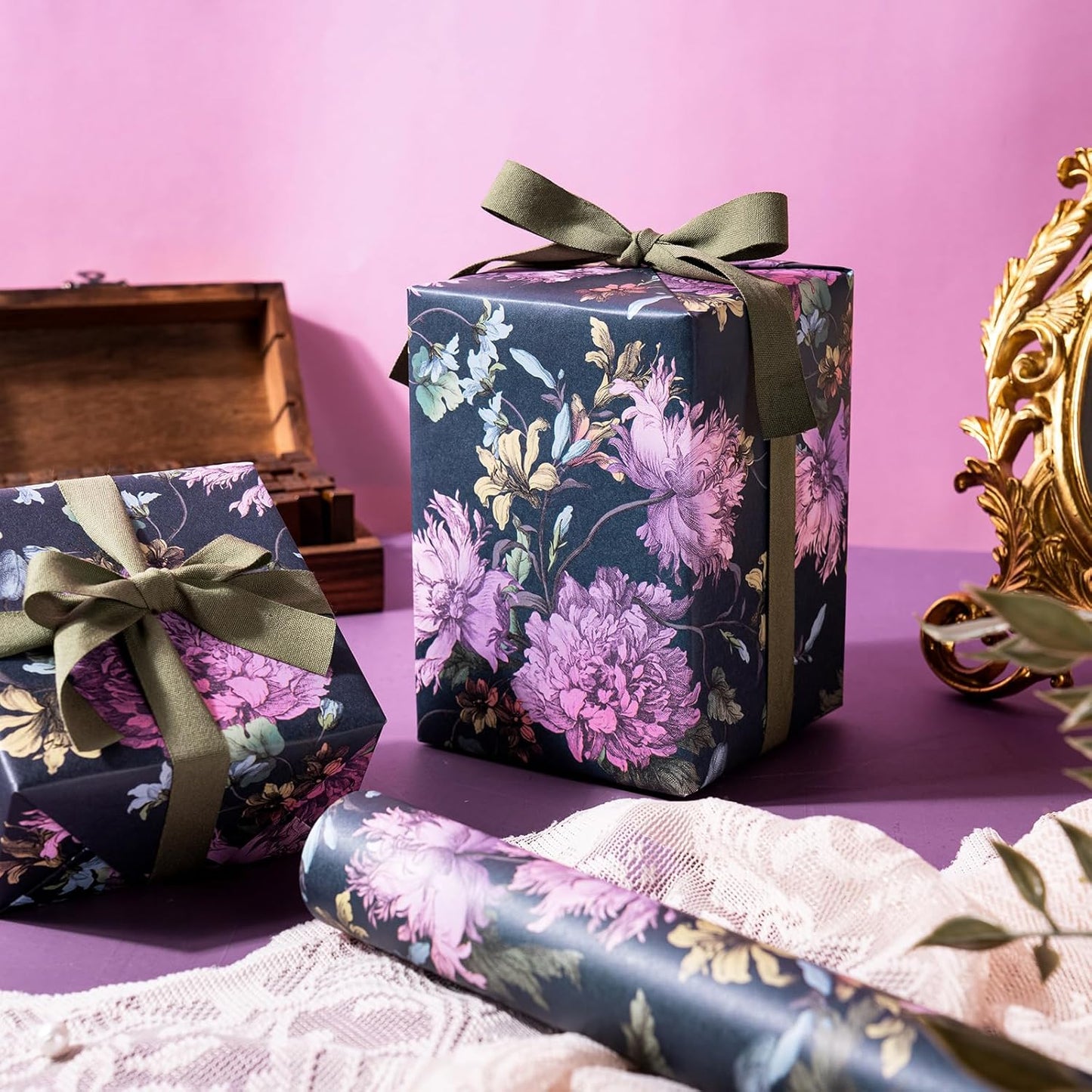 WRAPAHOLIC Kraft Floral Wrapping Paper Roll - Mini Roll - 17 Inch x 16.5 Feet - Vintage Flower Wrapping Paper Perfect for Wedding, Birthday, Bridal Shower, Tea Party