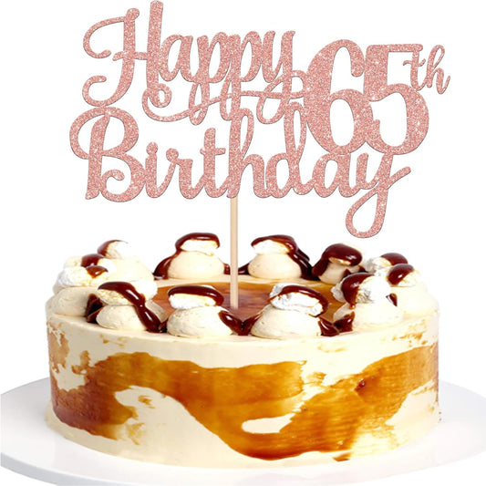 1 PCS Happy 65th Birthday Cake Topper Glitter Cheers to 65 Years Birthday Cake Pick 65 Fabulous Cake Decoration for Happy 65th Birthday Theme Party Decorations Supplies Rose Gold