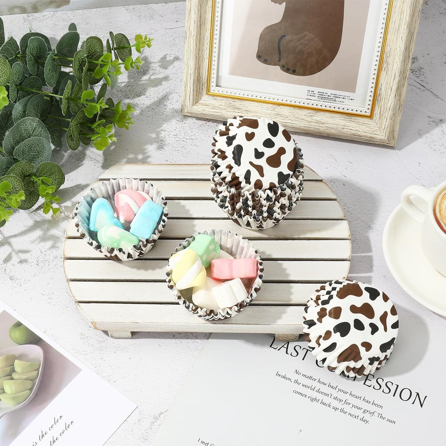 Whaline 300Pcs Cow Print Paper Baking Cups Black Brown Cupcake Liners Highland Cow Spot Muffin Liner Farm Animal Cake Paper Cups Storage Container for Party DIY Craft, 2x1.2 Inch