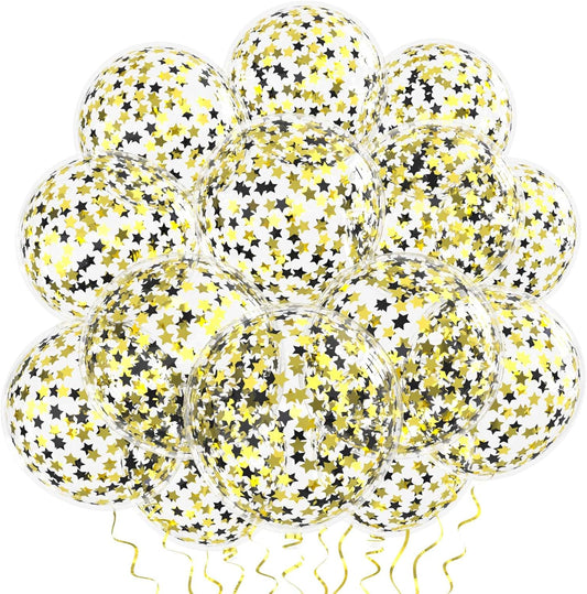 VHUWE 25 Pcs Black Gold Star Confetti Balloons, 12 Inch Clear Latex Balloon with Confetti Inside for Birthday Party Baby Shower Graduation Engagement Bridal Shower Decorations Supplies - Star Confetti