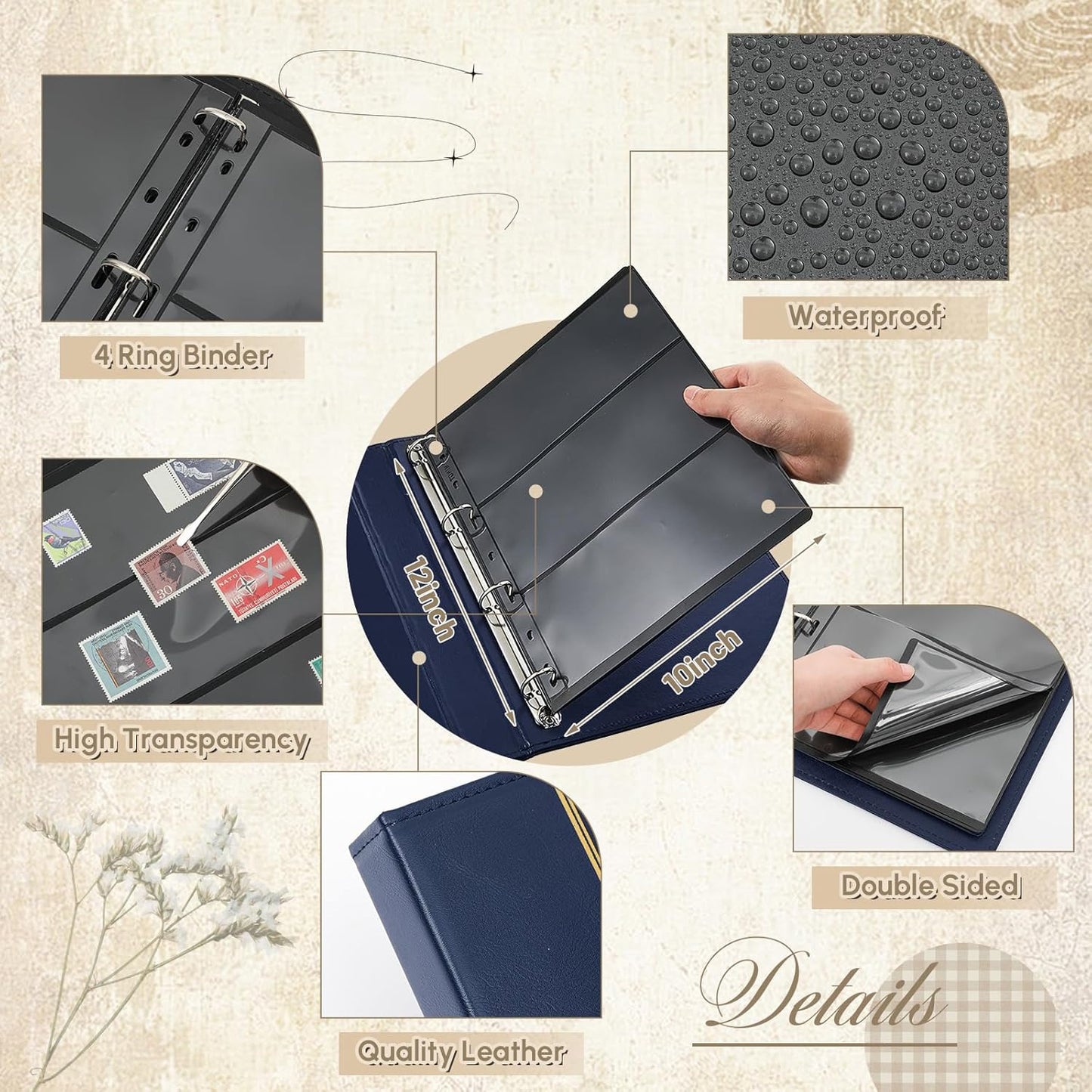 Lewtemi Stamp Collecting Albums Set Stamp Collection Book Include 20 Pages Album Binder Tweezer and Loop Magnifier Collecting Supplies for Collectors(Blue,1/2/3/4 Rows)