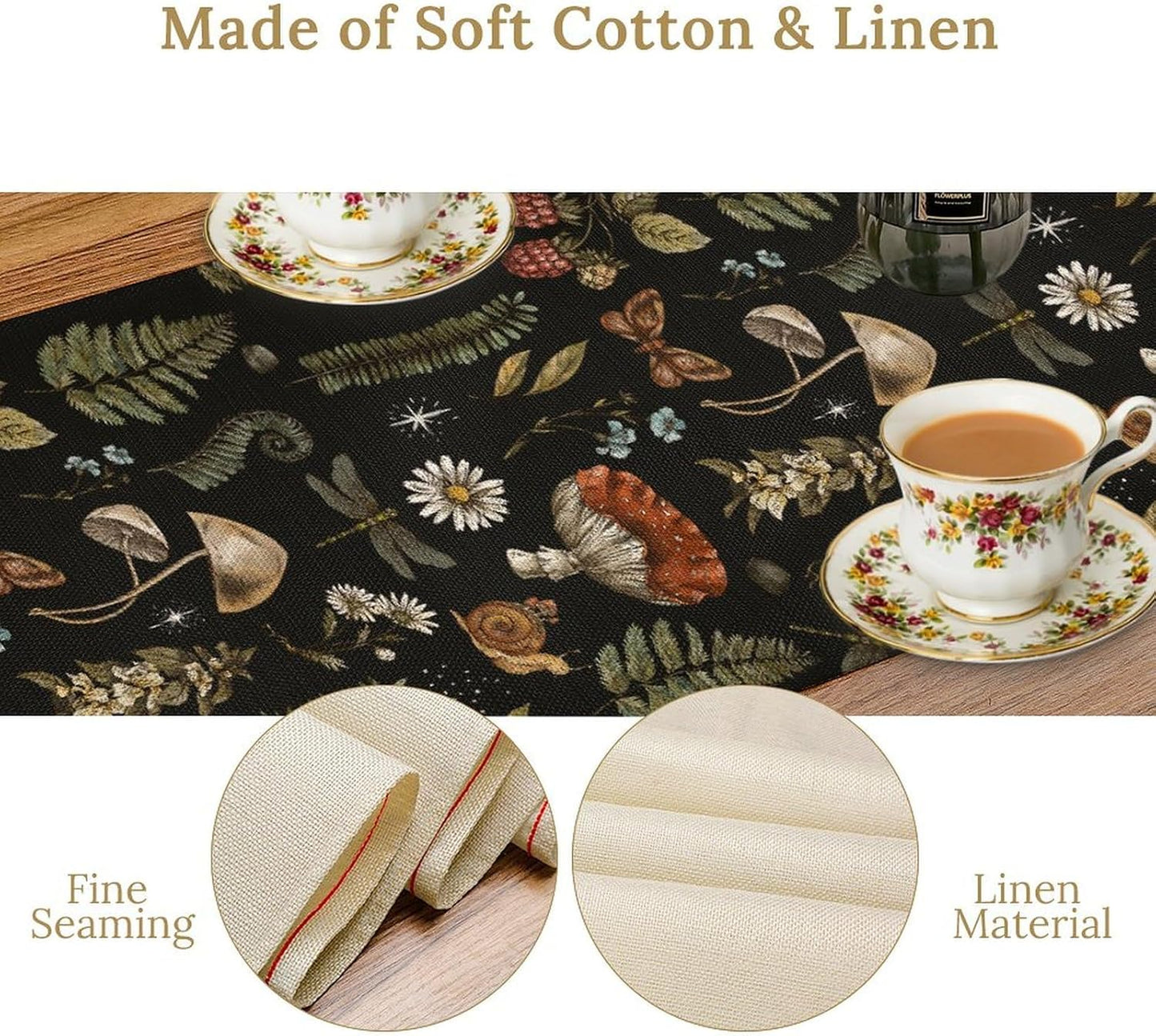 Mushroom Table Runner,Retro Forest Plant Table Runner for Kitchen Dining Table Home Party Decoration 13x72 Inch