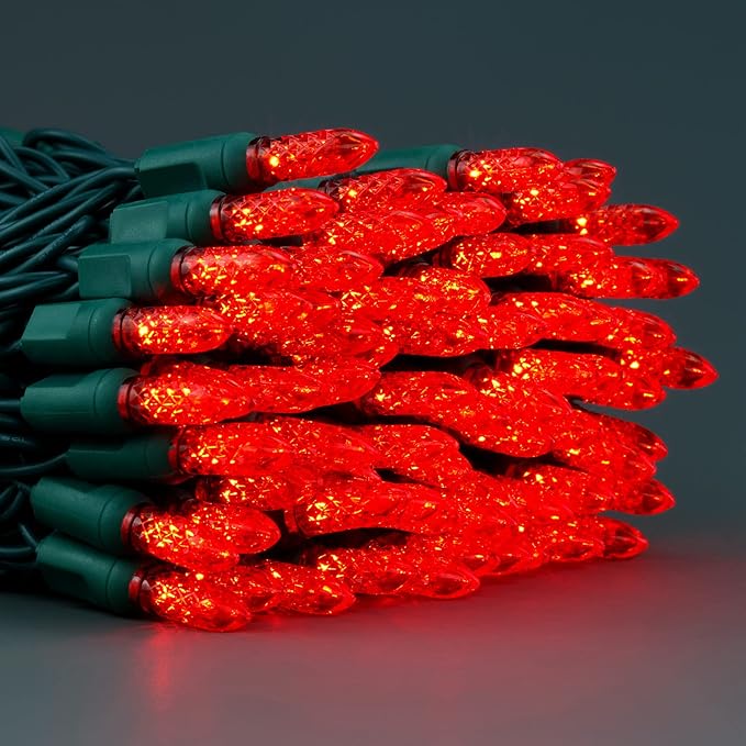 YULETIME Red One-Piece Faceted Christmas Lights 100 Count 33 Feet, High Waterproof UL Certified M6 String Light (Red)