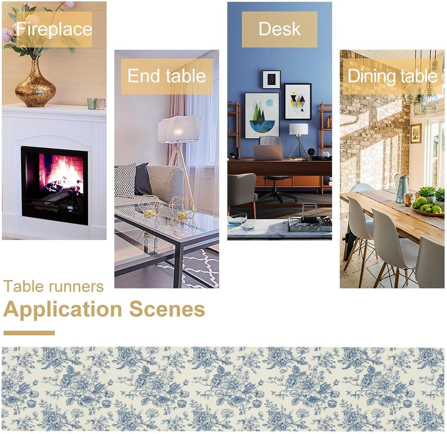 Floral Table Runner, Retro Blue Flower Chinoiserie Sketch Pattern Print Table Runner for Kitchen Dinning Table Runner Decor Home Wedding Party Holiday, 13x36 Inch