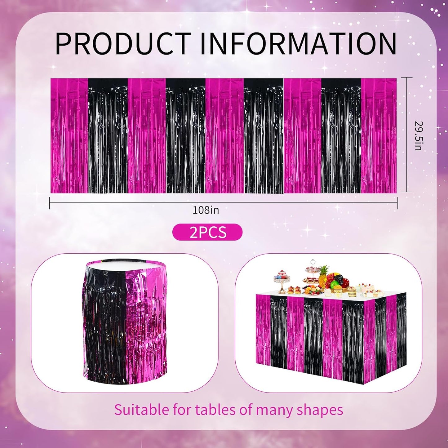 BEISHIDA 2 Pack Hot Pink Black Table Skirts Party Decorations Purple Metallic Tinsel Foil Fringe Table Skirts for Mouse Theme Birthday Mean Girls Hot Girls Wednesday Party
