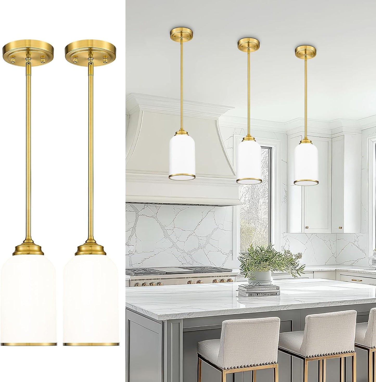 LIROUVET 2 Pack Pendant Lights, Vintage Hanging Lamp, Brushed Gold Pendant Lights Kitchen Island with Milk Glass, Pendant Lighting for Dining Room PL02 MGBG-2PK