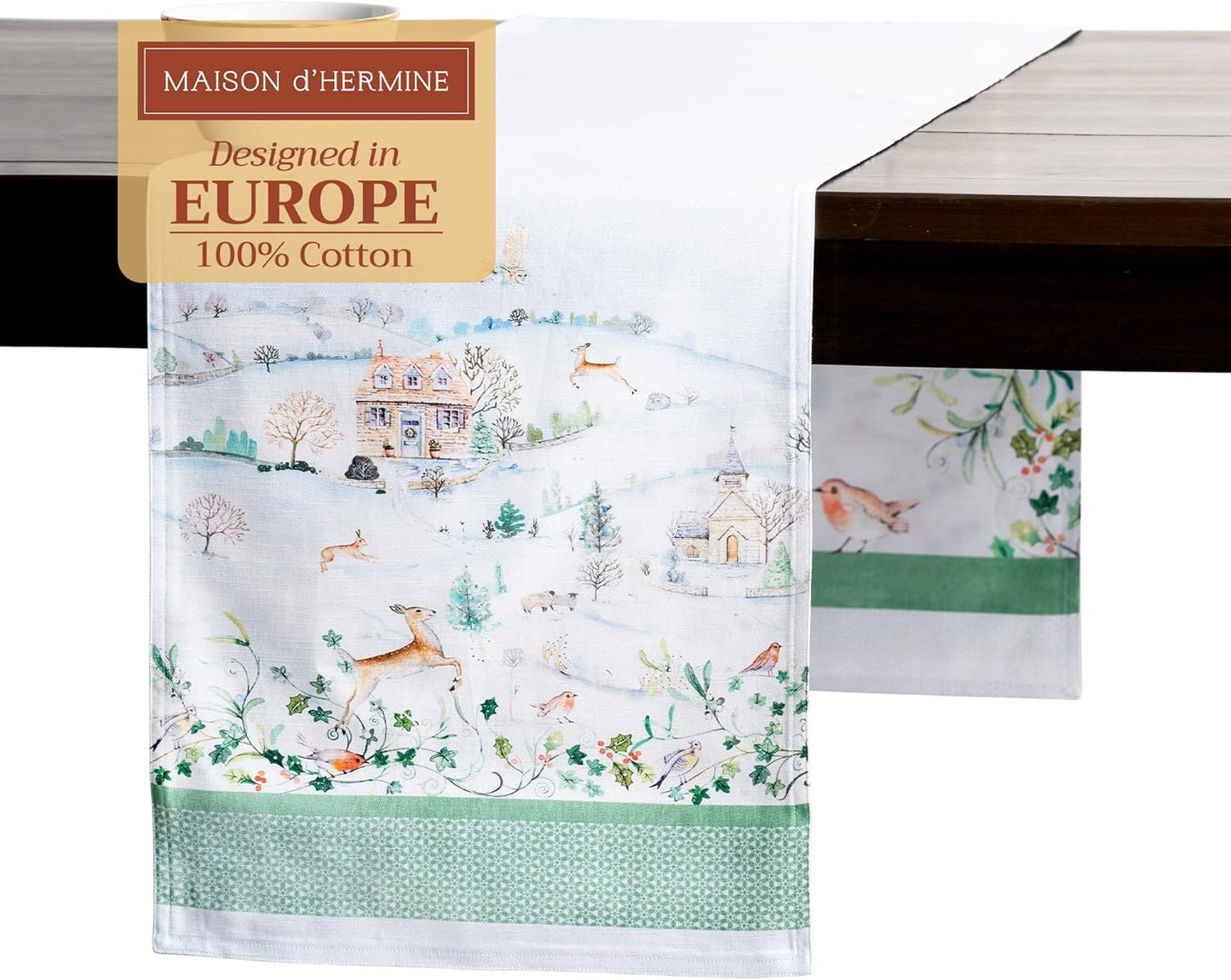 Maison d' Hermine Table Runner 100% Cotton Double Layer Table Runners 108 inches Long for Thanksgiving Christmas Decorations Home Kitchen Dining Party Wedding (Snowy World, 14.5" x 108")