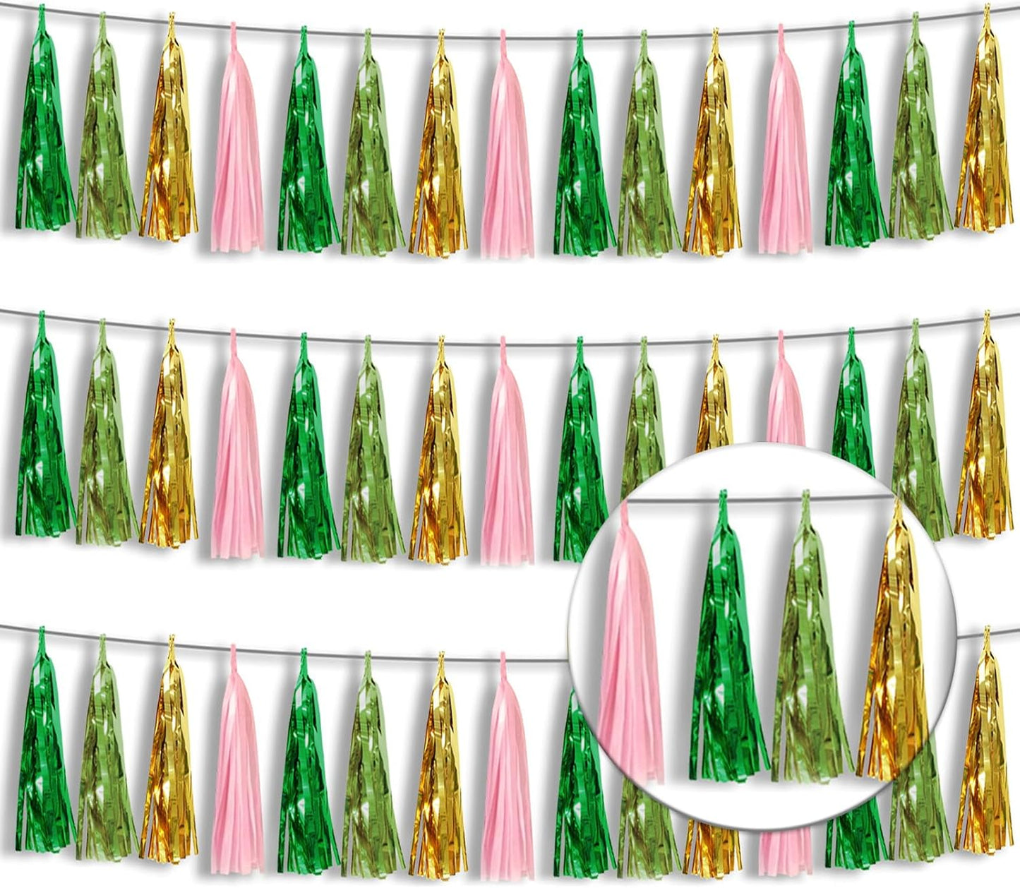 3P Metallic Fringe Tassel Banner Garland Foil Tinsel Streamer Wall Hanging Curtain Backdrop Banners for Parade Floats, Graduation Decorations, Woodland Party Decoration(Sage-Green Gold Pink)