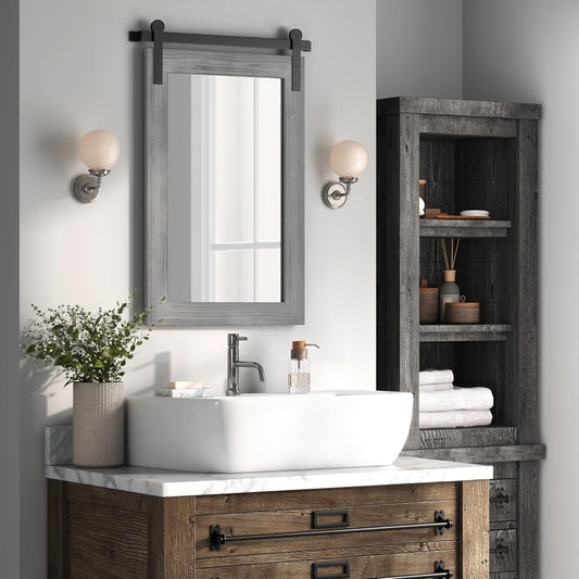 COGOOD Farmhouse Barn Door Mirror - 17 x 26 Rustic Wood Framed Wall Mirror for Bathroom, Living Room, Entryway Wall Decor (Grey)
