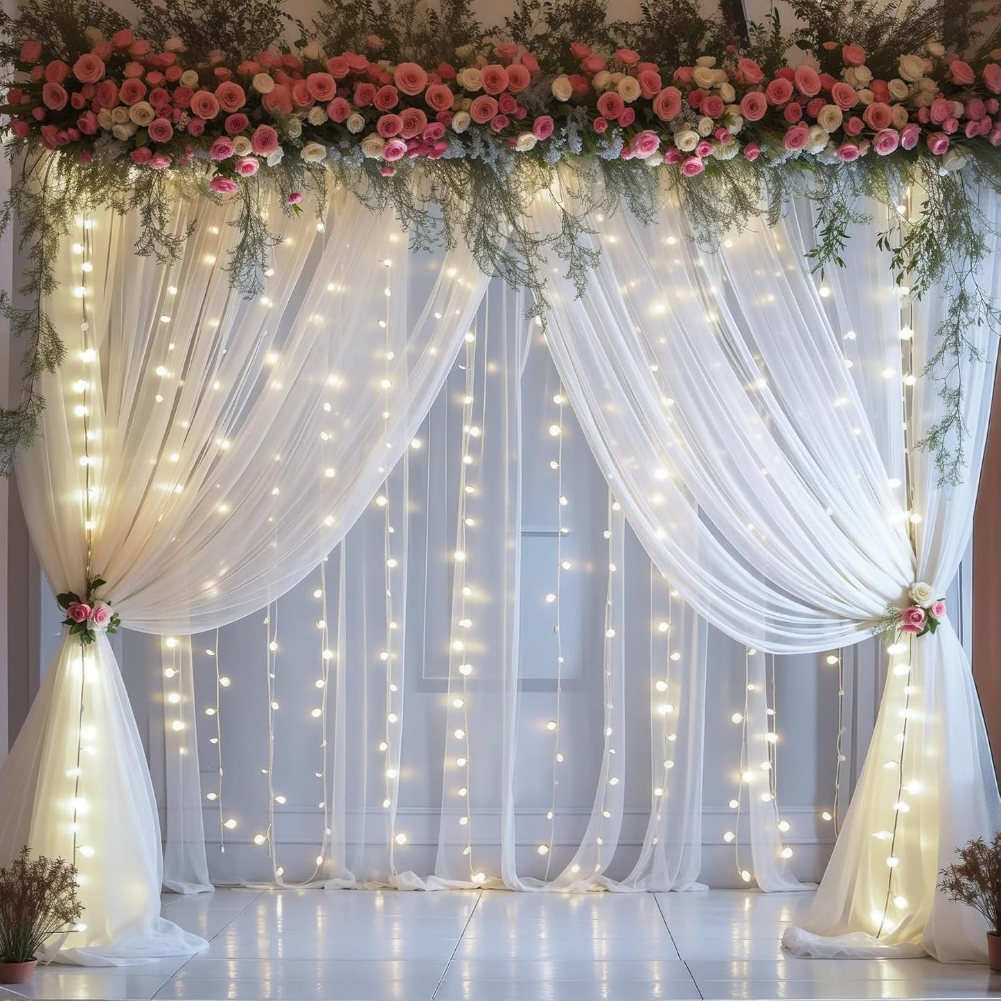 gogoparti 20x8ft White Tulle Backdrop Curtains with Lights for Party Wedding Baby Shower, Sheer Drape Backdrop Curtains for Birthday Party Photo Booth Background Decoration