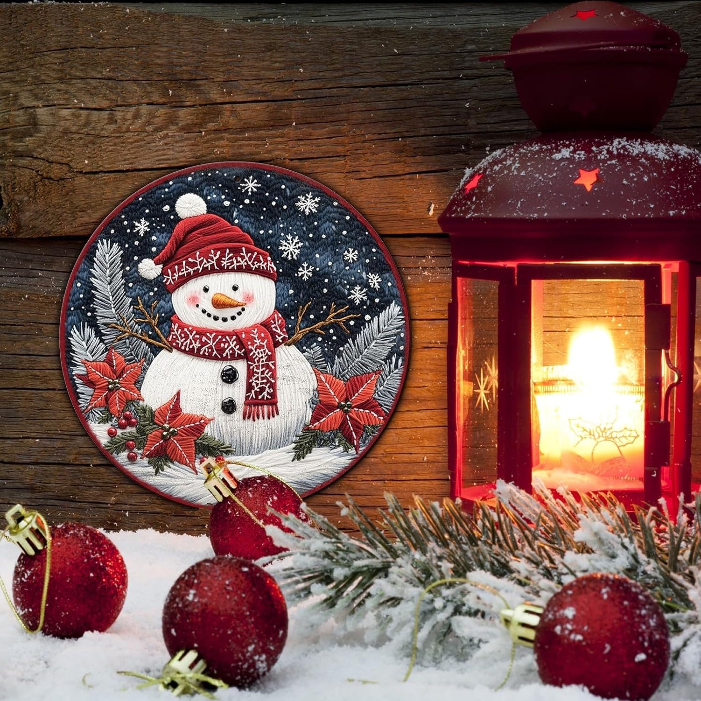 Round Christmas Snowman Decor Metal Tin Sign for Door Hanging Sign for Home Bars Clubs Cafes 8 * 8 in