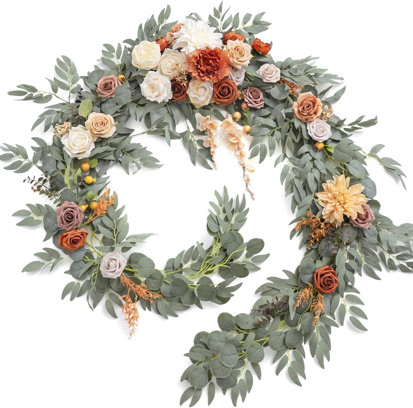 Ling's moment Fall 9FT Flower Garland for Backdrop Decorations - Wedding Arch Flowers, Eucalyptus & Rose, Artificial Floral Garland for Mantle - Sweetheart Table Decor for Ceremony, Terracotta