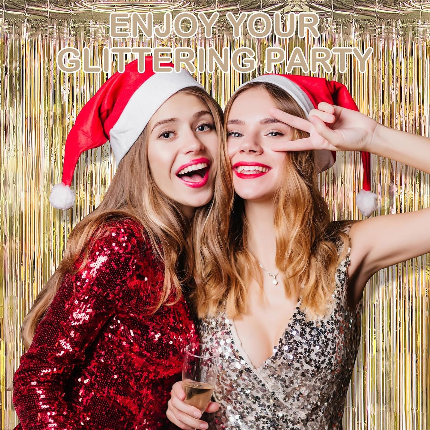 Champagne Gold Fringe Curtain Party Streamers, 12 Pack 3.3ft x 8.2ft Foil Curtain Backdrop Tinsel Foil Fringe Curtains Photo Booth Backdrop Streamer for Birthday, Wedding, Baby Shower, Disco Party