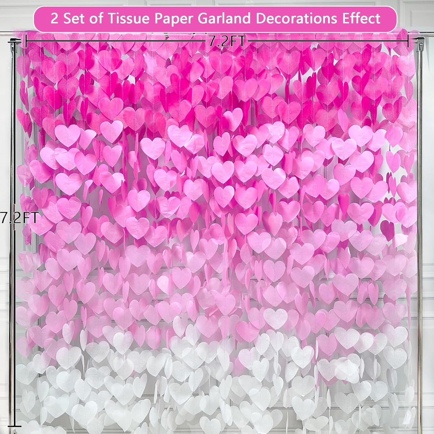 205 Ft Hot Pink Party Decorations Ombre Pink White Heart Backdrop Streamer Tissue Paper Heart Hanging Garland for Birthday Bachelorette Valentines Day Wedding Bridal Shower Engagement Party Supplie