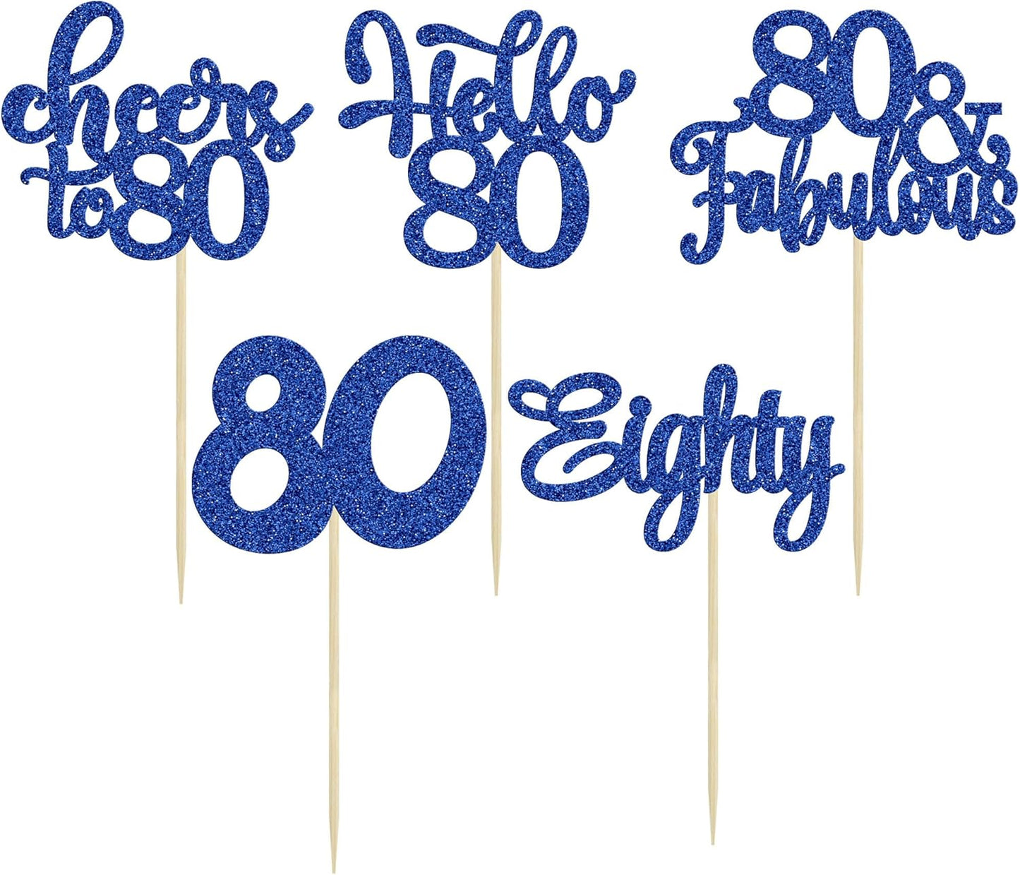 30Pcs Happy 80th Birthday Cupcake Toppers Eighty Cheers to 80 Years Old Birthday Cupcake Picks for Happy 80th Birthday Anniversary Party Cake Decorations Deep Blue Glitter