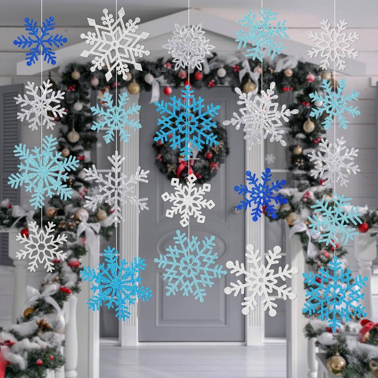 Winter Snowflake Cutouts Glitter Paper Decorations - 50Pcs Blue and Silver Double-Side Christmas Cutouts for Holiday Winter Wonderland Bulletin Board, Frozen Party Decor