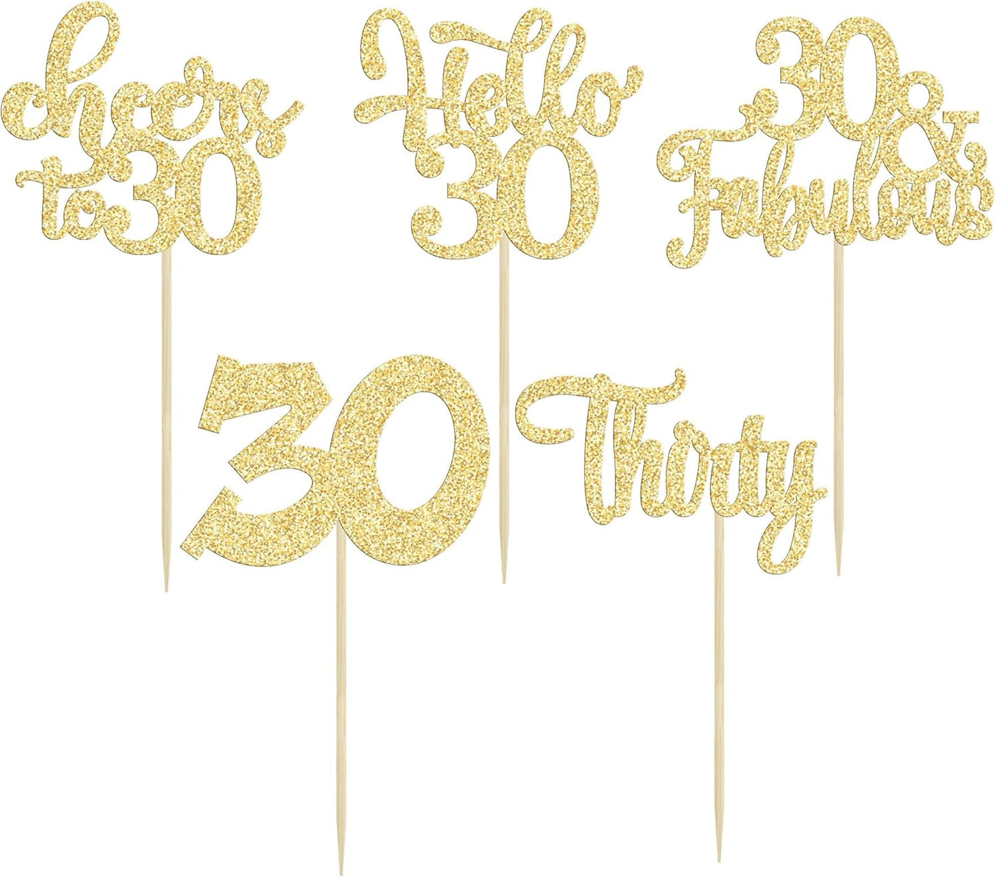 30Pcs Happy 30th Birthday Cupcake Toppers Gold Glitter Thirty Cheers to 30 Birthday Cupcake Picks for Happy 30th Birthday Anniversary Party Cake Decorations Supplies