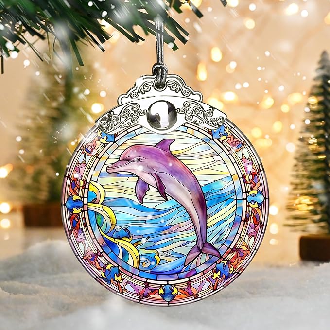 Stained Glass Christmas Ornament, Jocidea Dolphin Christmas Decorations, Christmas Tree Ornament, Dolphin Lovers Gifts, Holiday Decor and Xmas Gifts Ideas