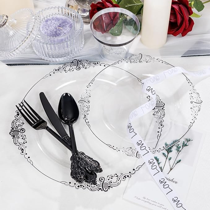 Hioasis 175pcs Clear and Black Plates - Black Party Plates for 25 Guest, Include 50 Heavy-duty Plates(20% Thicker Than Standard), 25 Pre Rolled Gold Plastic Silverware Set, 25 Cups