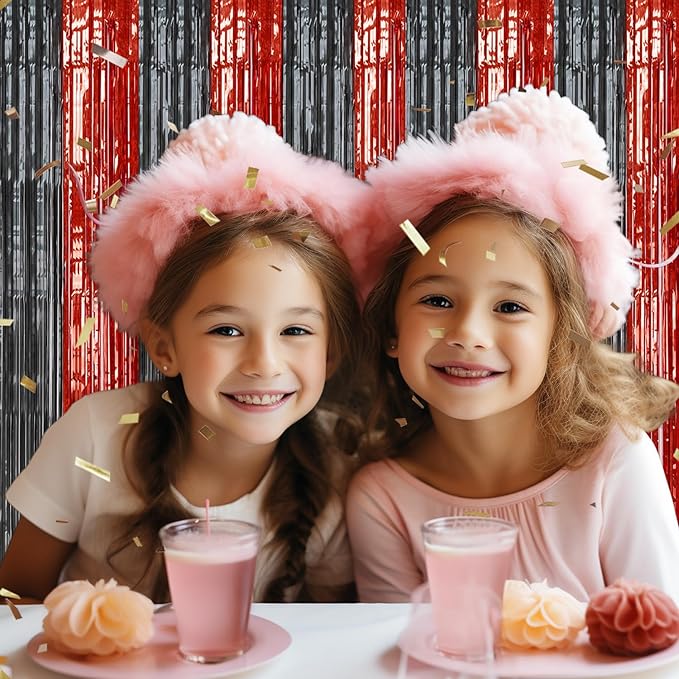 3 Pack Foil Fringe Backdrop - Red&Black Shiny Tinsel Curtains for Party Decoration/Photo Booth Props - 3.3x8.2 FT Metallic Foil Backdrop for Birthday, Wedding, Graduation, Christmas.