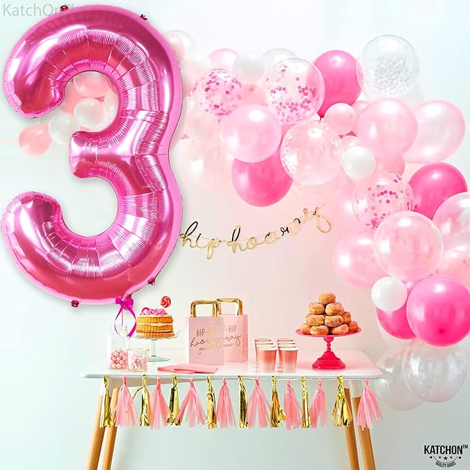 KatchOn, Giant Hot Pink Number 3 Balloon - 40 Inch | Number 3 Foil Balloon | 3rd Pink Birthday Decorations for Girls | 3rd Anniversary Decorations | Pink Party Decorations