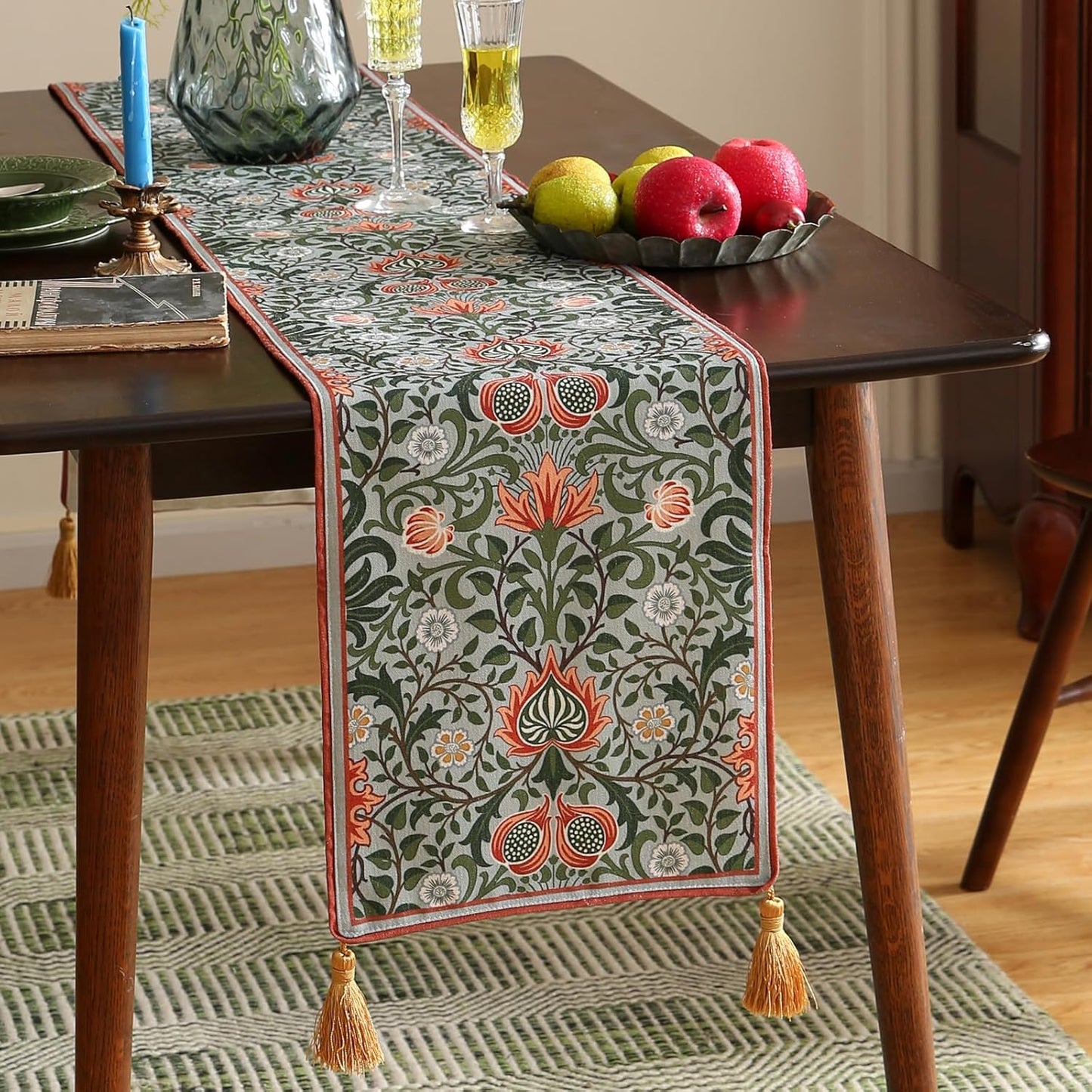 ISAENNE Designer French Green Elegant Linen Table Runner 102 Inches Long,Colorful Flower Pattern Soft Table Runners for Dining Tables,Thanksgiving,Kitchen Tables,Christmas,12"*102"-Naples B