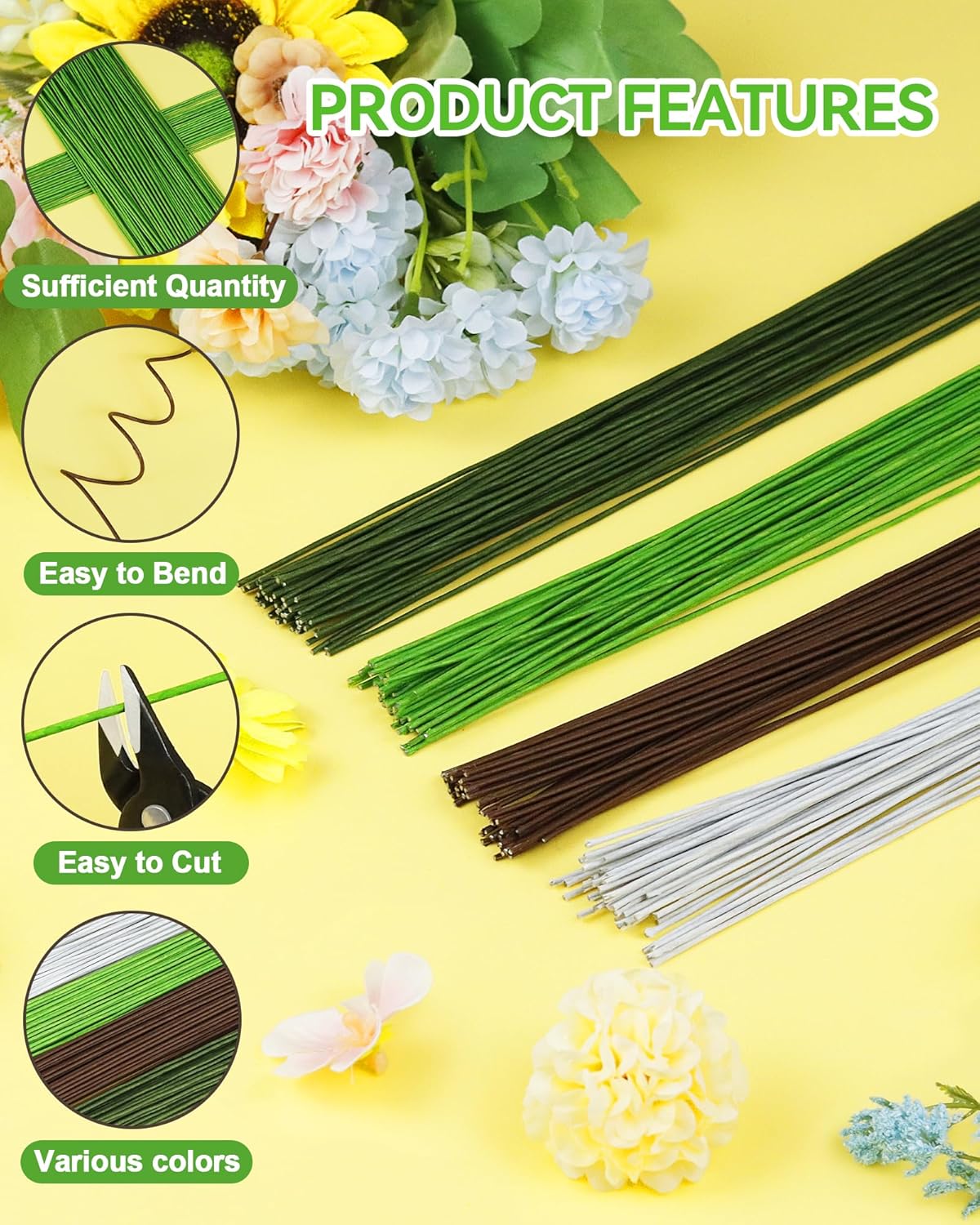 50 PCS FIVEIZERO 16 Gauge Green Floral Wire Stems for Artificial Flower Making,Florist Wire,Flower Wires for Crafts,Alambre para Flores for Wreaths, Flower Arrangements and DIY Projects