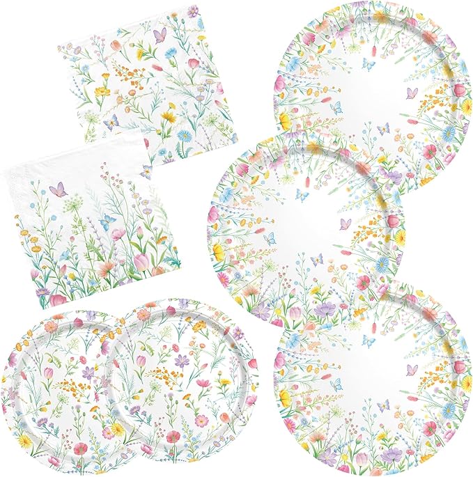 Gatherfun Wildflower Party Decorations Set for 16 - Flower Birthday Decorations with Dinner & Dessert Plates and Napkins for Wildflower Baby Shower Decorations