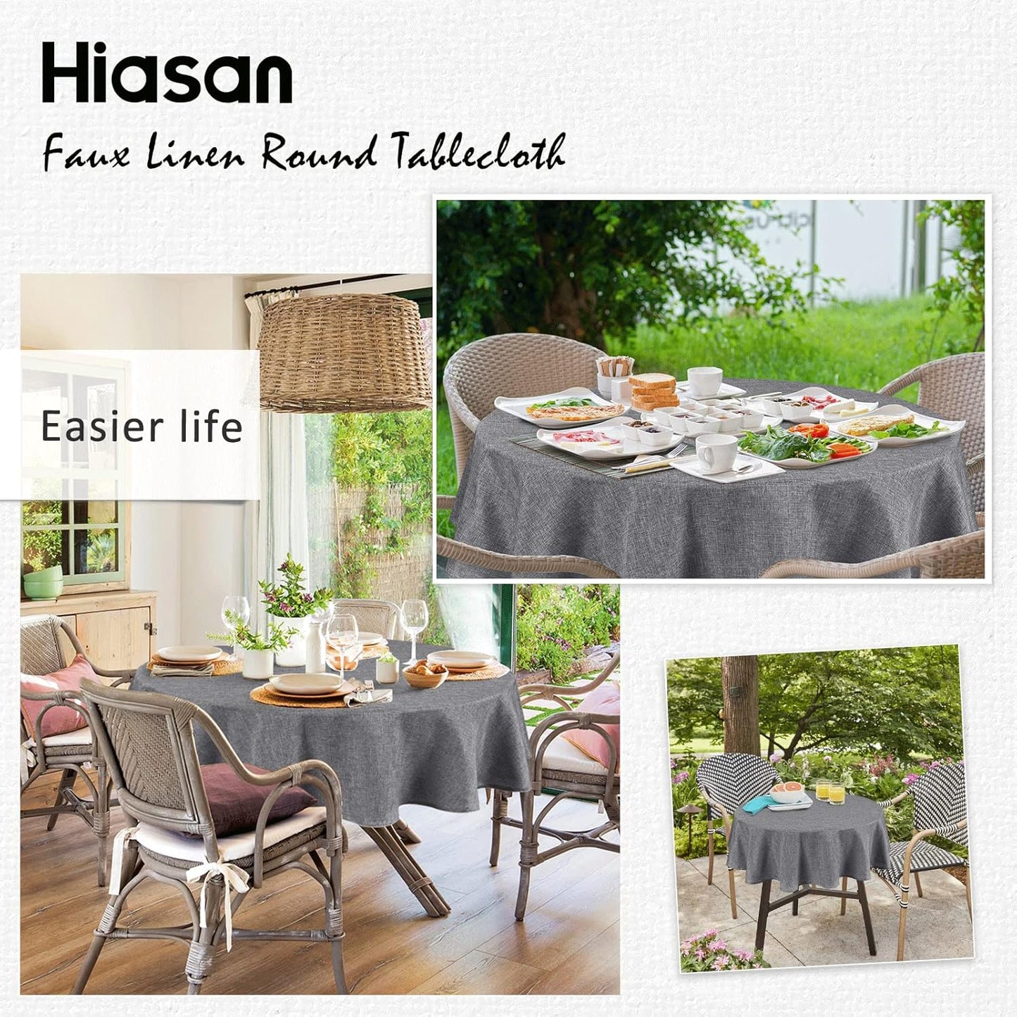 Hiasan Round Tablecloth 60 Inch - Wrinkle and Stain Resistant Washable Polyester Fabric Table Cloth for Patio Dining Room Kitchen Party, Grey